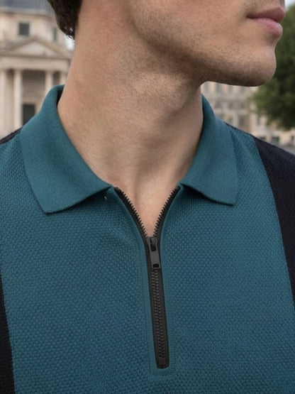 Men Teal Polo Collar Colourblocked Cotton Half Sleeve Zipper T-shirt