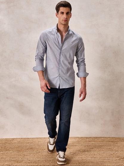 Grey Regular Fit Stripes Casual Shirt for Men (ALFON)