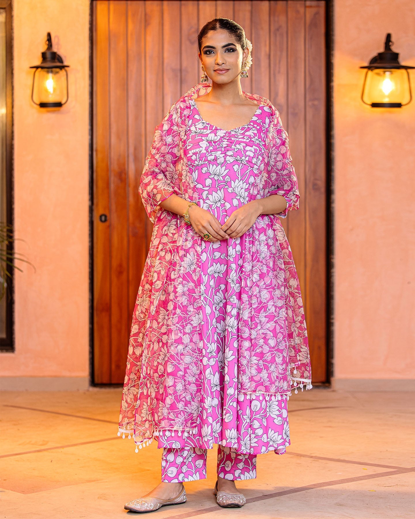 Pink Floral Muslin Suit Set