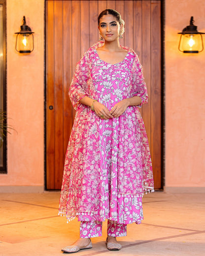 Pink Floral Muslin Suit Set