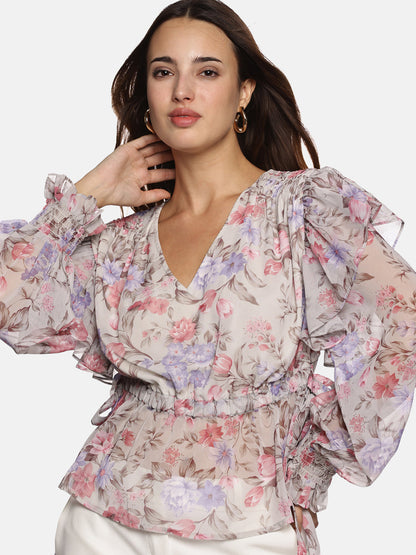 IS.U Floral Beige V-Neck Smocked Sleeve Top