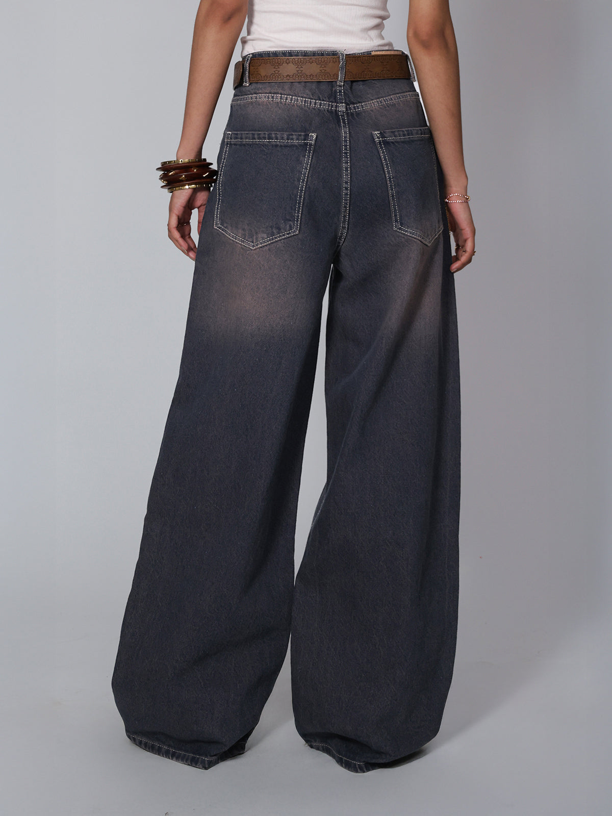 Burnt Blue Washed Wide Leg Jeans