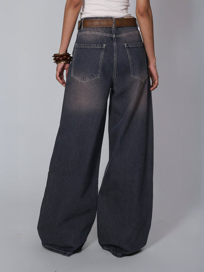 Burnt Blue Washed Wide Leg Jeans