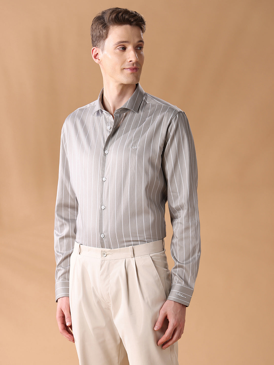 Grey Regular Fit Striped Formal Shirt for Men (FIANA)