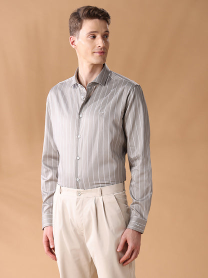 Grey Regular Fit Striped Formal Shirt for Men (FIANA)