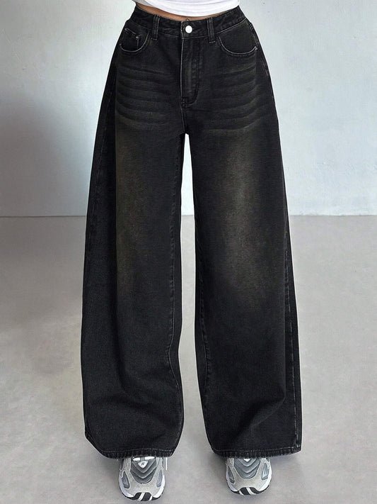 Rustic Black Tinted Super Wide Leg Jeans
