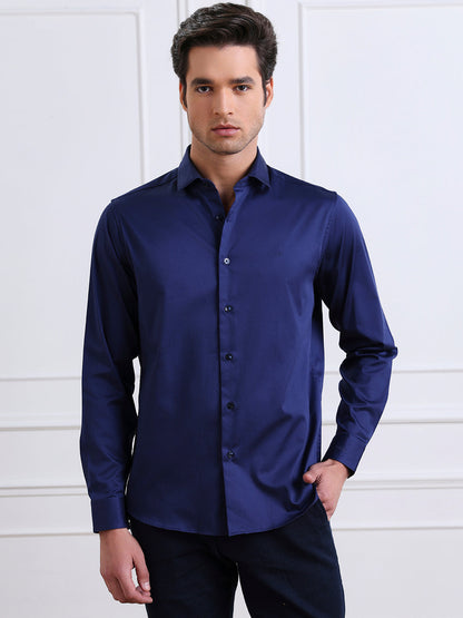 Navy Blue Regular Fit Solid Casual Satin Shirt for Men (BENITO)