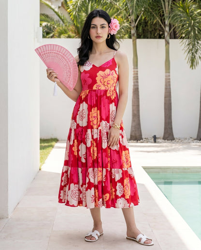 Red Animated Floret Tiered Dress