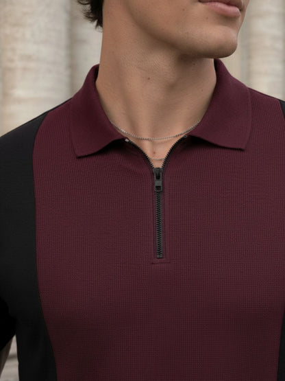 Men Wine Polo Collar Colourblocked Cotton Half Sleeve Zipper T-shirt