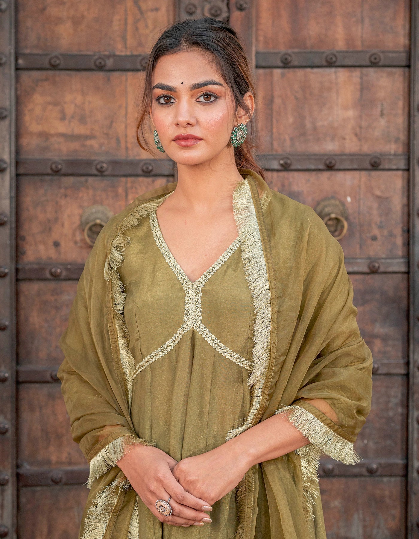 Olive Kalidaar Tissue Suit Set