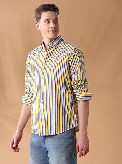 Yellow Regular Fit Striped Casual Shirt for Men (DIGEO)