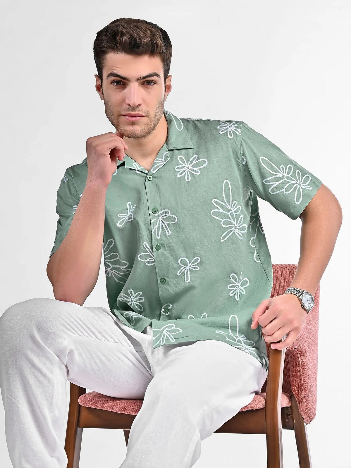 Men's Box-Fit Floral Embroidered Linen Lust Sage Shirt Vellure