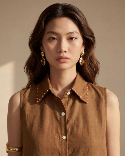 Brown Sleeveless Linen Shirt