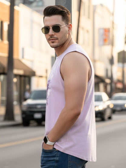 Men Light Purple Sleeveless Round Neck Typography Printed Cotton T-Shirt