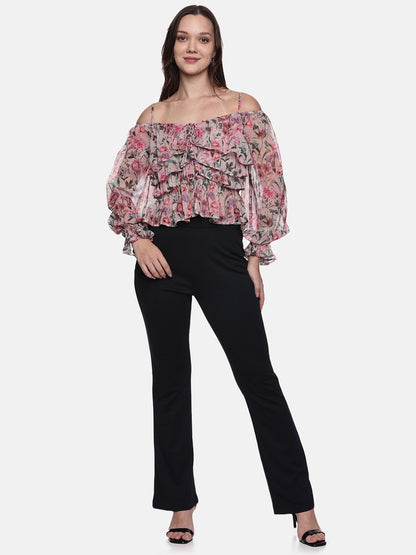 IS.U Floral Multicolor Gathered Cold Shoulder Top