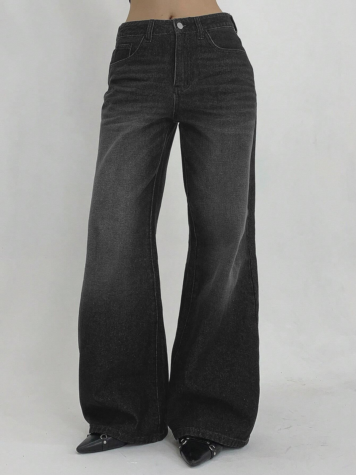 Space Black Washed Wide Leg Jeans