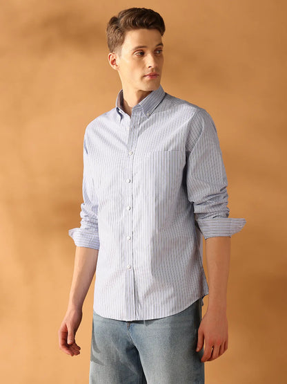 Blue Regular Fit Stripes Formal Shirt for Men (OVULO)