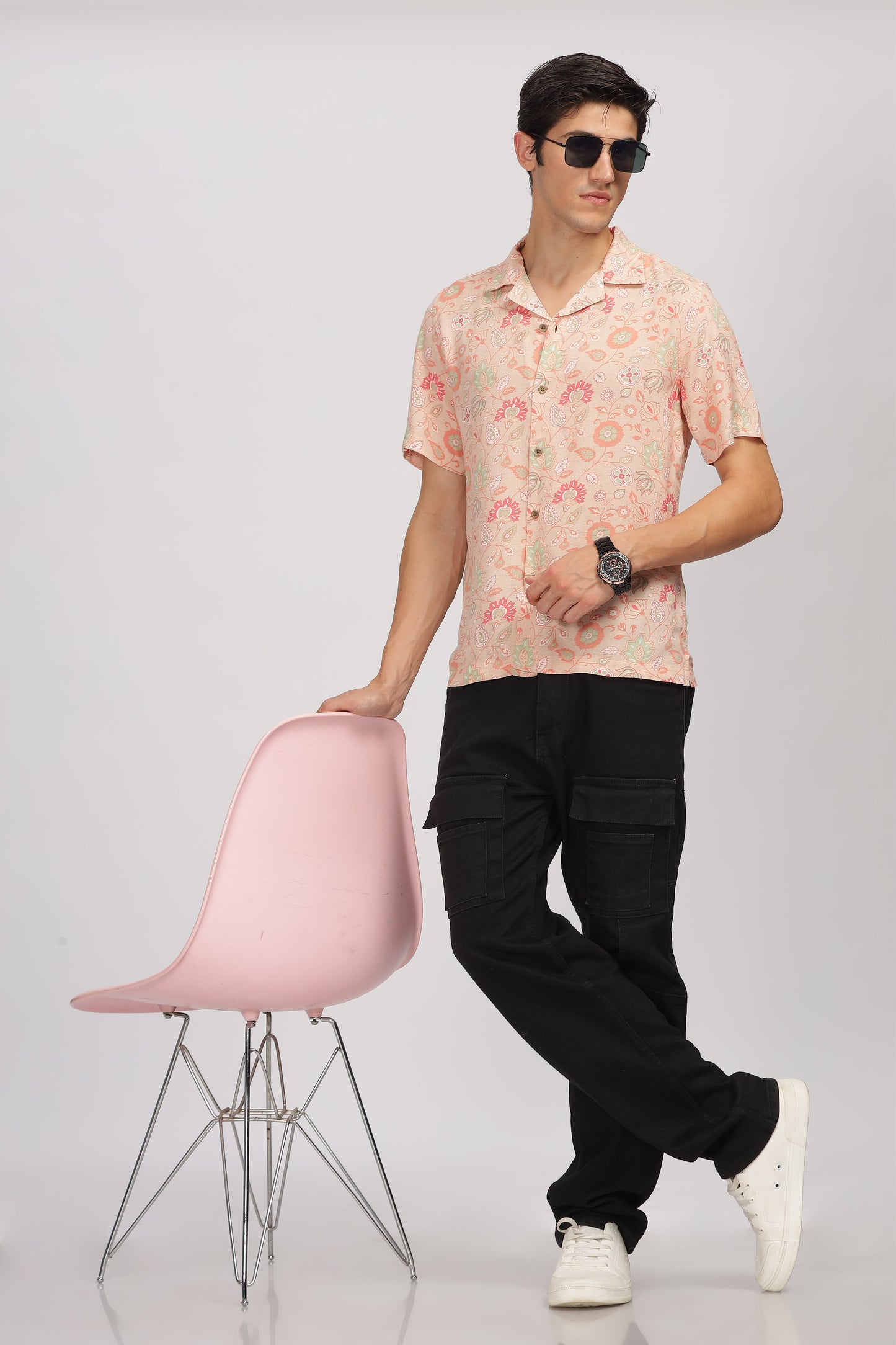 Uri Peach Printed Cuban Collar Shirt