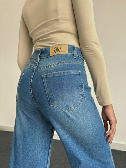 Luxe Vintage Aqua Blue Cat Whisker Stretchable Wide Leg Jeans