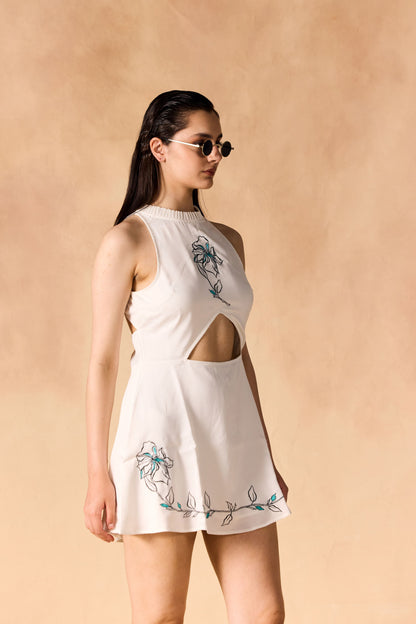 Ruffled Band Collar Embroidered Short Dress