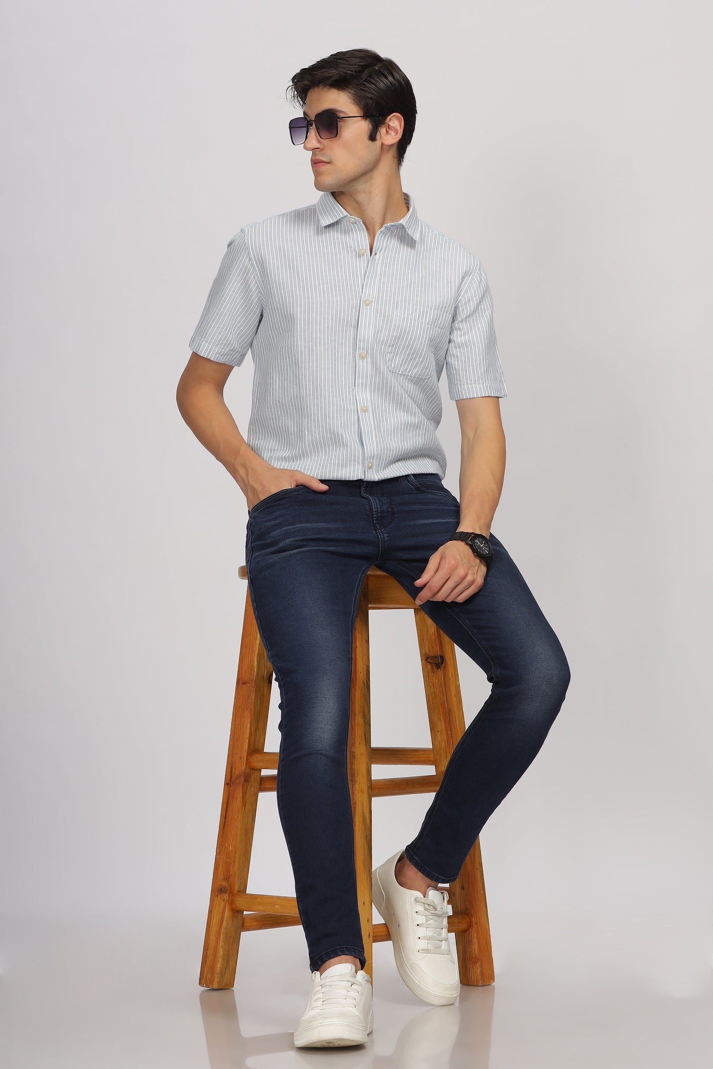 Uri Half Sleeve Linen Striped Shirt Uri