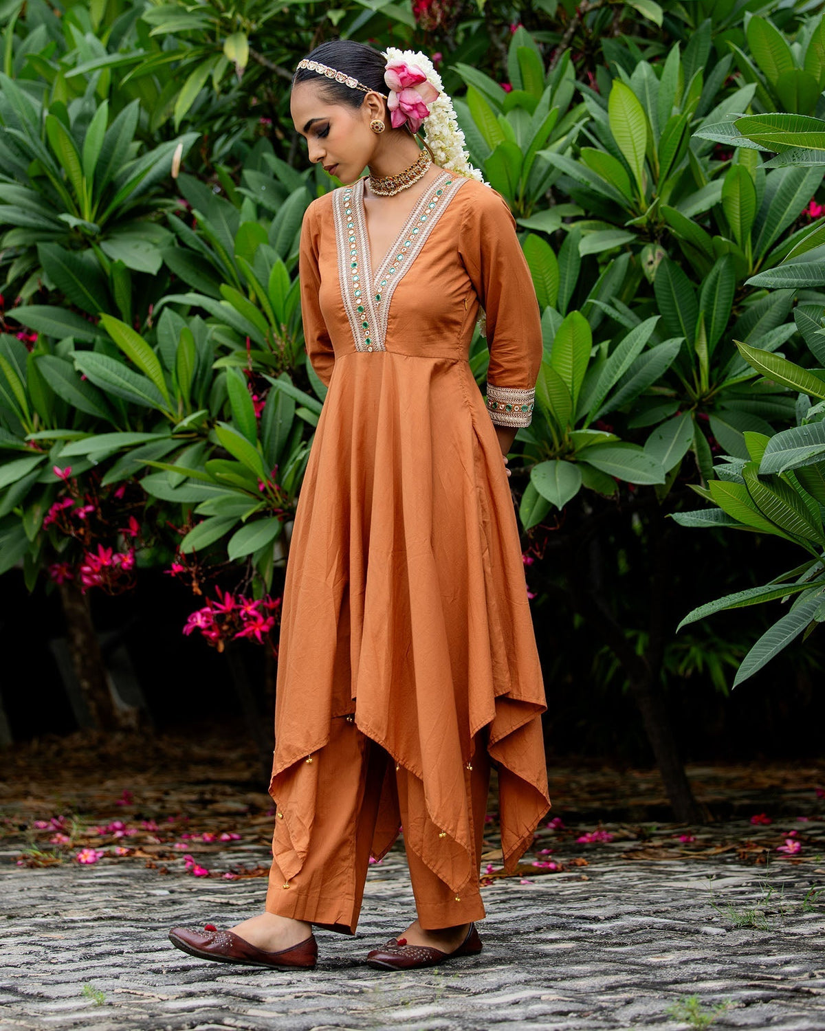Rust Brown Mirror Work Kurta Set