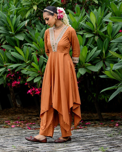 Rust Brown Mirror Work Kurta Set