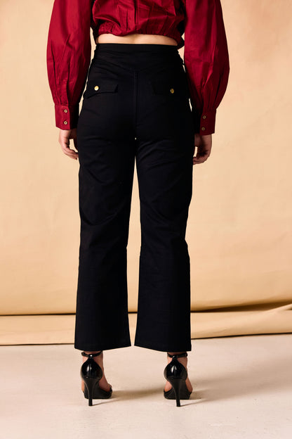 Black Front Slit Hem Straight-Leg Pants