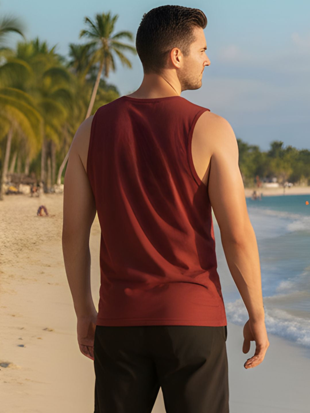 Men Round Neck Maroon Typography Print Sleeveless Cotton T-Shirt