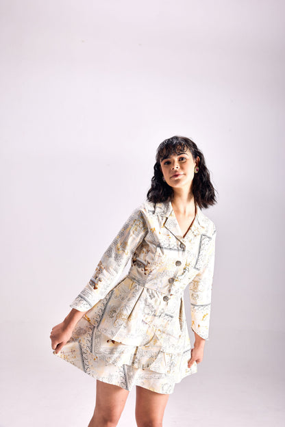 Button-Up Renaissance King Print Short Dress