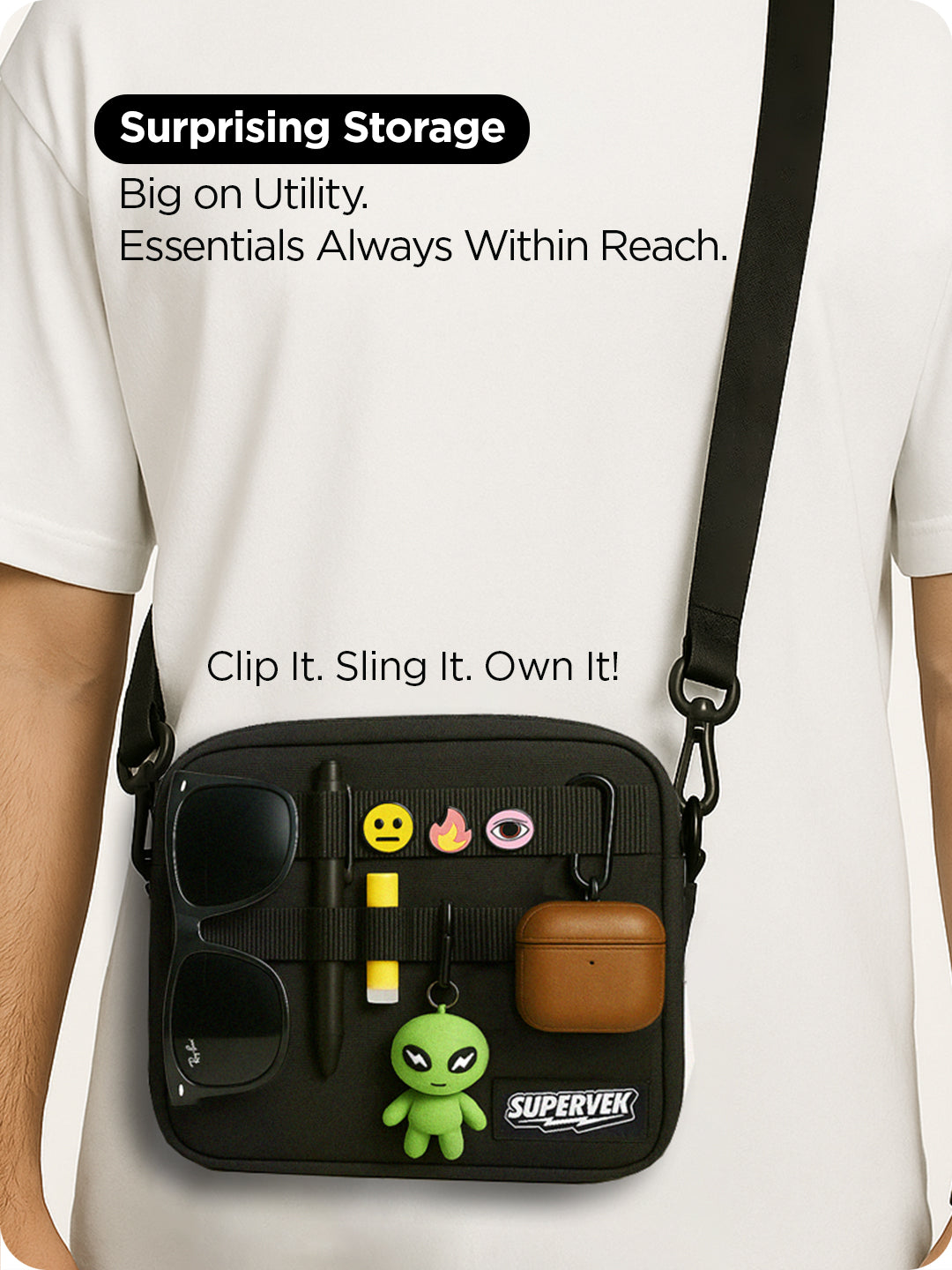 Supervek mini "Messenger" bag with organized essentials clipped on MOLLE webbing for easy access