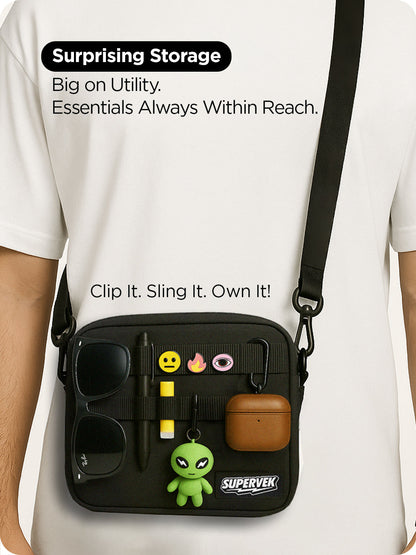 Supervek mini "Messenger" bag with organized essentials clipped on MOLLE webbing for easy access
