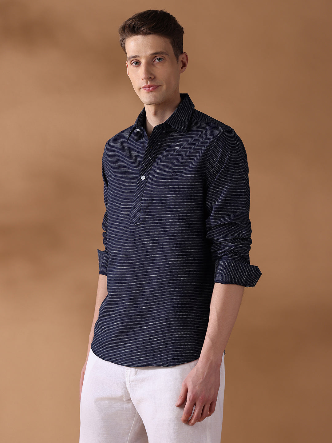 Navy Blue Regular Fit Stripes Casual Shirt for Men (LESSA)