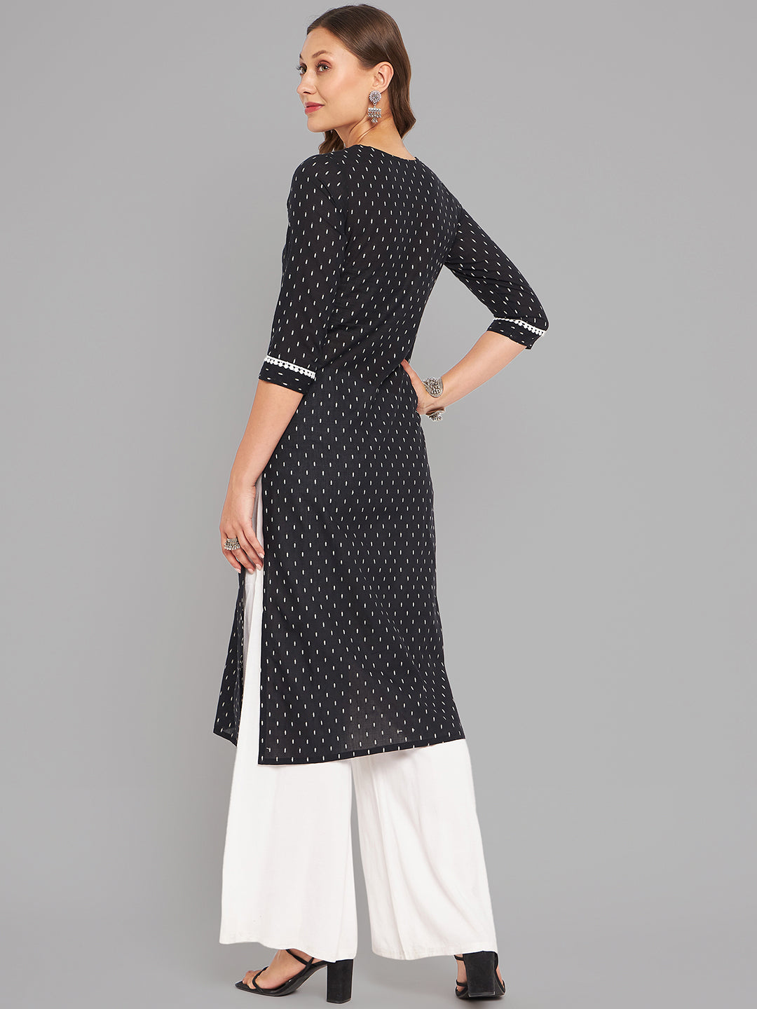 Women Black Woven Design Kurta With Lace