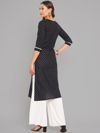 Women Black Woven Design Kurta With Lace