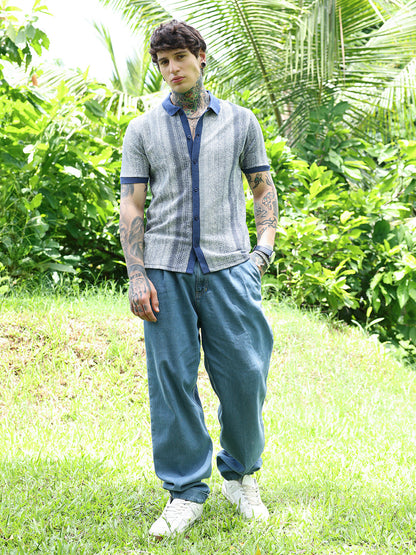 Textured Cotton Blend Cuban Collar Shirt With Vertical Stripes