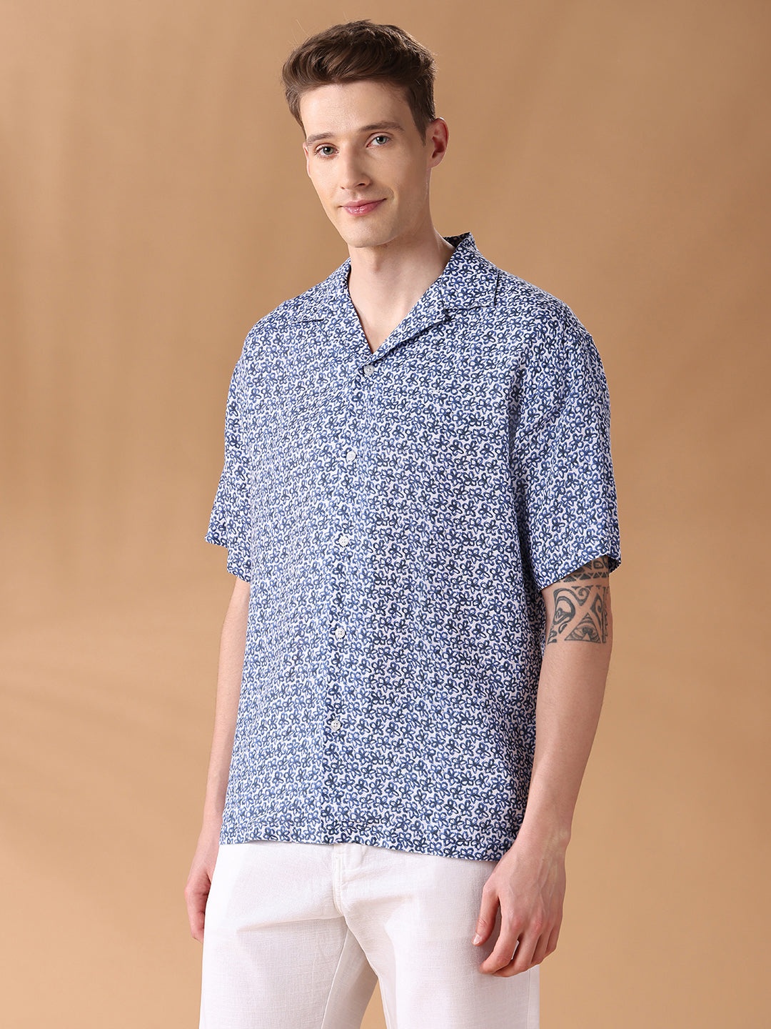 Navy Blue Regular Fit Printed Casual Shirt for Men (ALUAR)