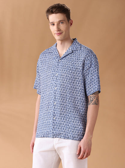 Navy Blue Regular Fit Printed Casual Shirt for Men (ALUAR)