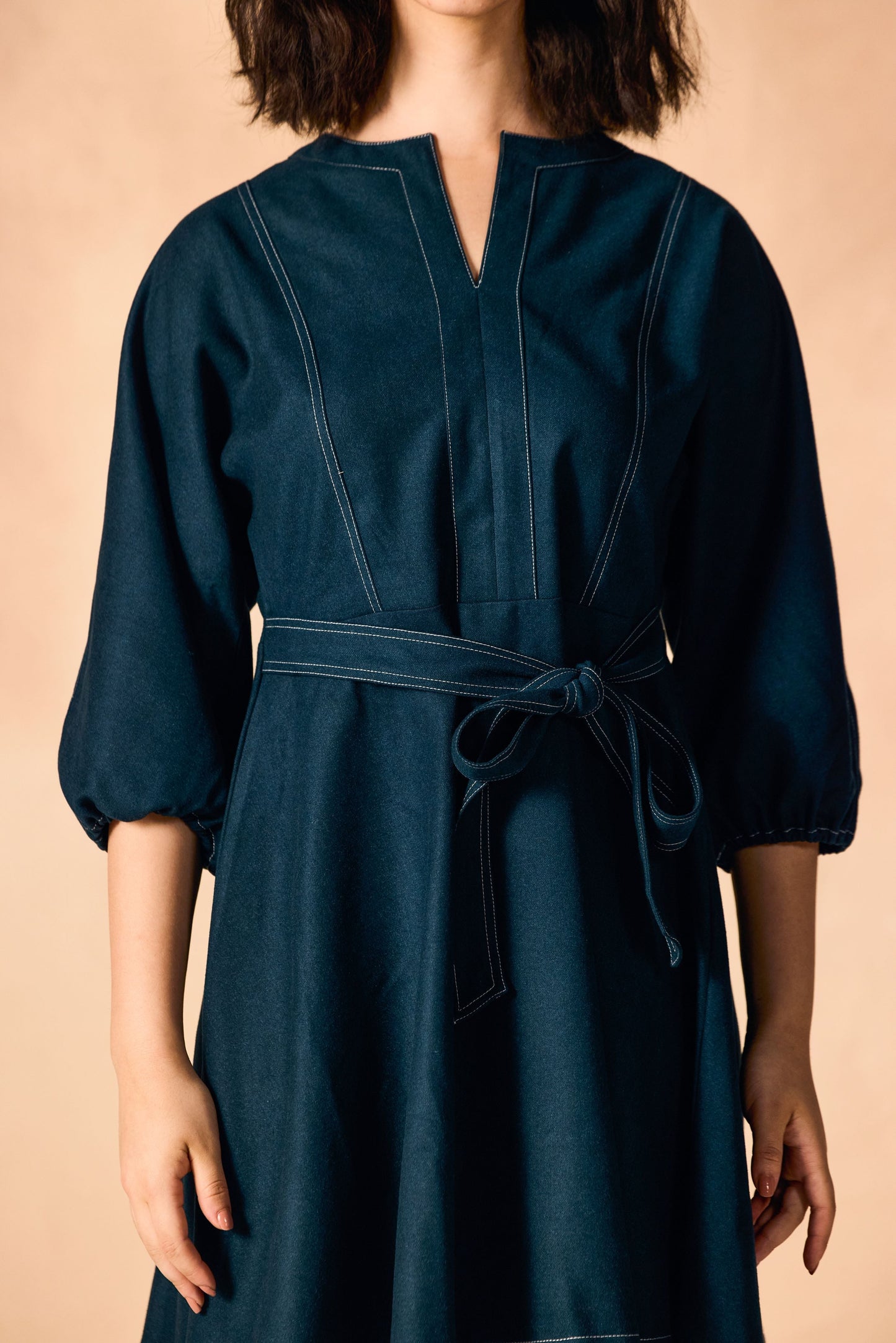 Contrast Stitch Tie Waist Fit & Flare Dress