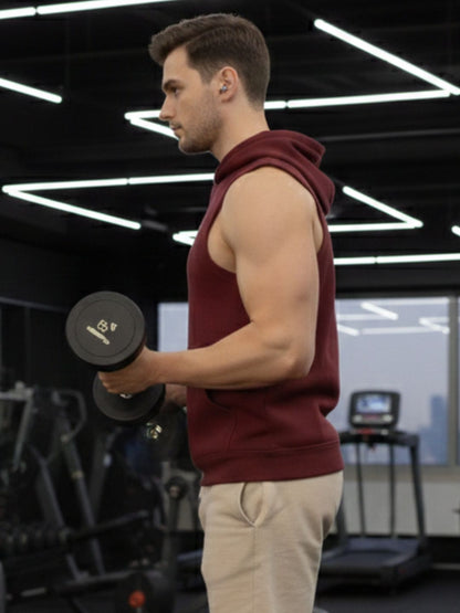 Men Sleeveless Maroon Hooded Solid Print Cotton Regular Fit Kangaroo Pocket T-shirt