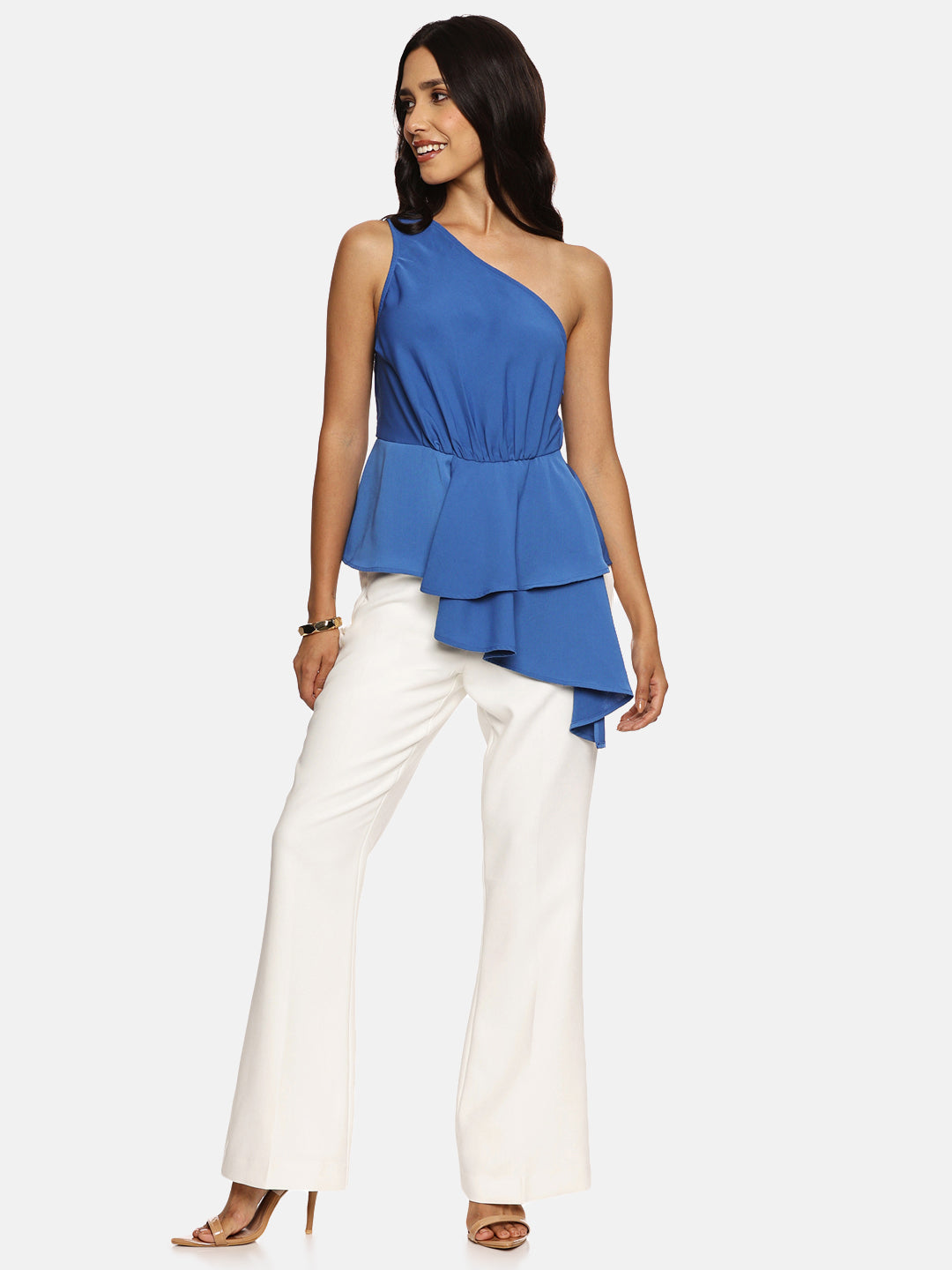 IS.U Blue One Shoulder Ruffle Top