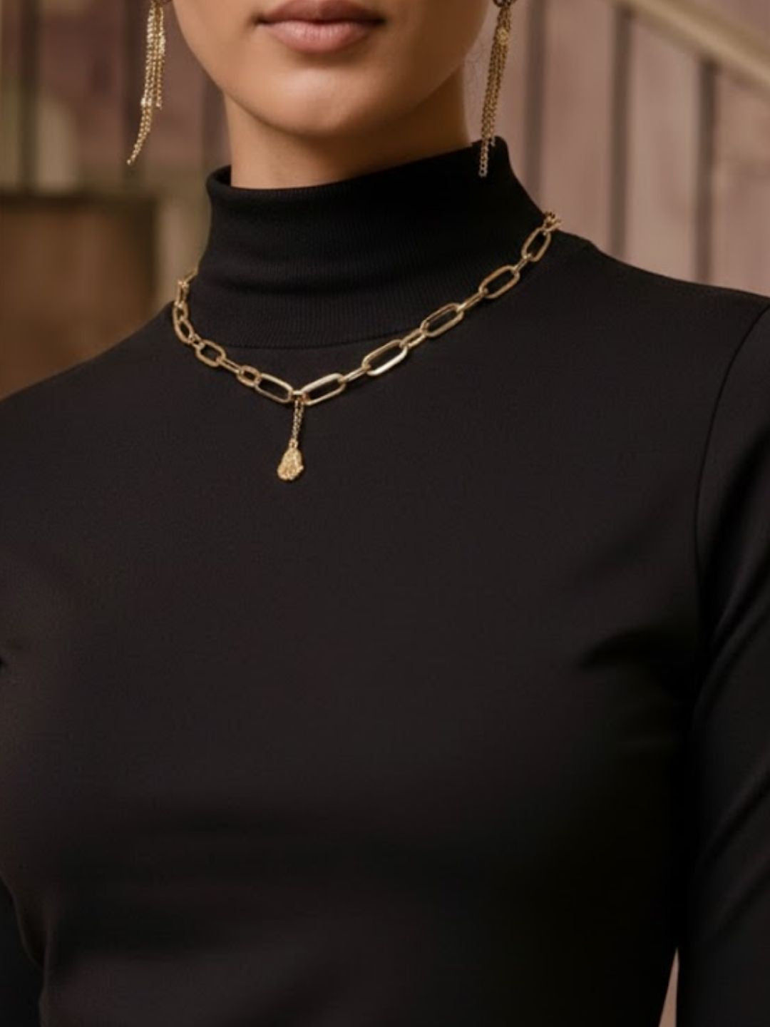 Women Black High-Low Hem Cotton Mock Neck Long Sleeves A-Line Midi Dress