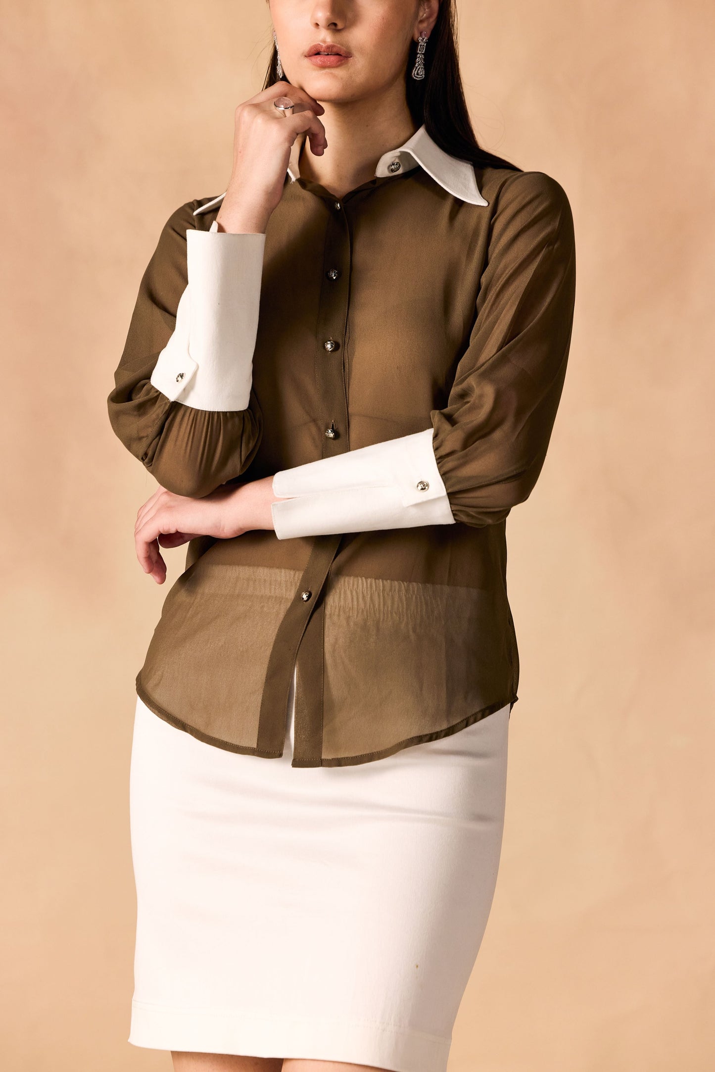 Button-Up Contrast Trim Georgette Sheer Shirt