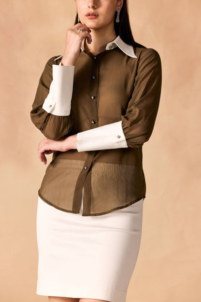 Button-Up Contrast Trim Georgette Sheer Shirt