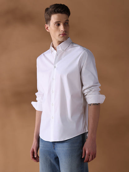 White Regular Fit Solid Casual Shirt for Men (LEONA)