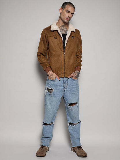 Fur-Lined Suede Bomber Jacket