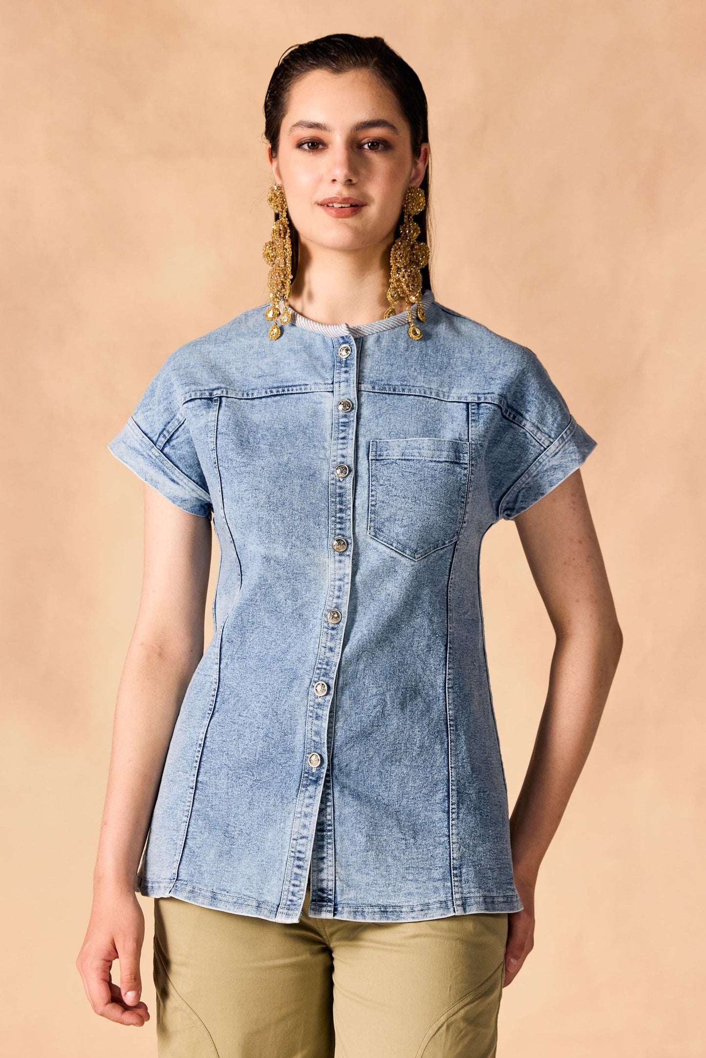 Button-Up Stone Washed Denim Shirt
