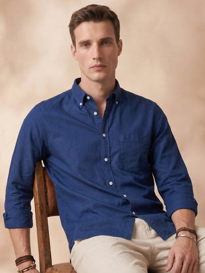 Regular Fit Navy Blue Cotton Solid Casual Shirt for Men (THEO)