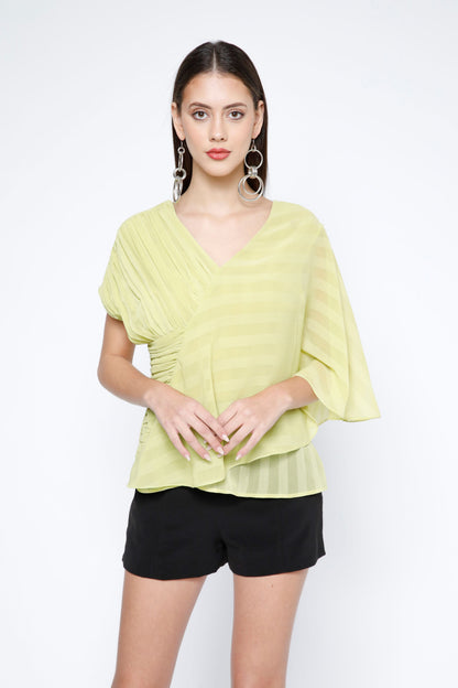 Pleated Stripe Chiffon Layered Top - Sunny Lime