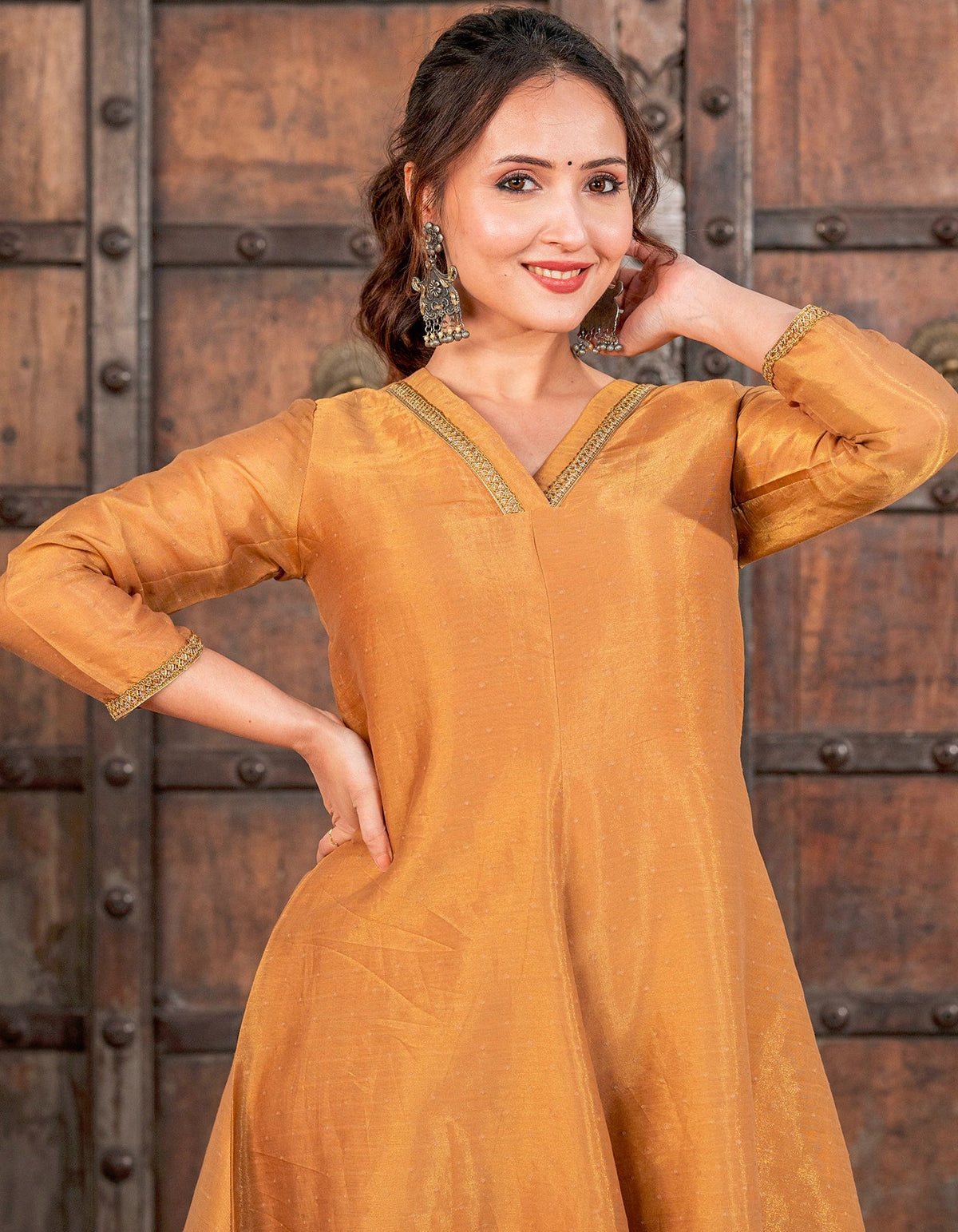 Mustard Tissue Solid Kurta Set